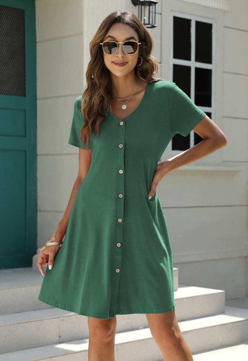 Manydress Women's Summer Casual T Shirt Short Sleeve Button Down Swing Dress with Pockets MY035 (Army Green, XXL) - Image 5